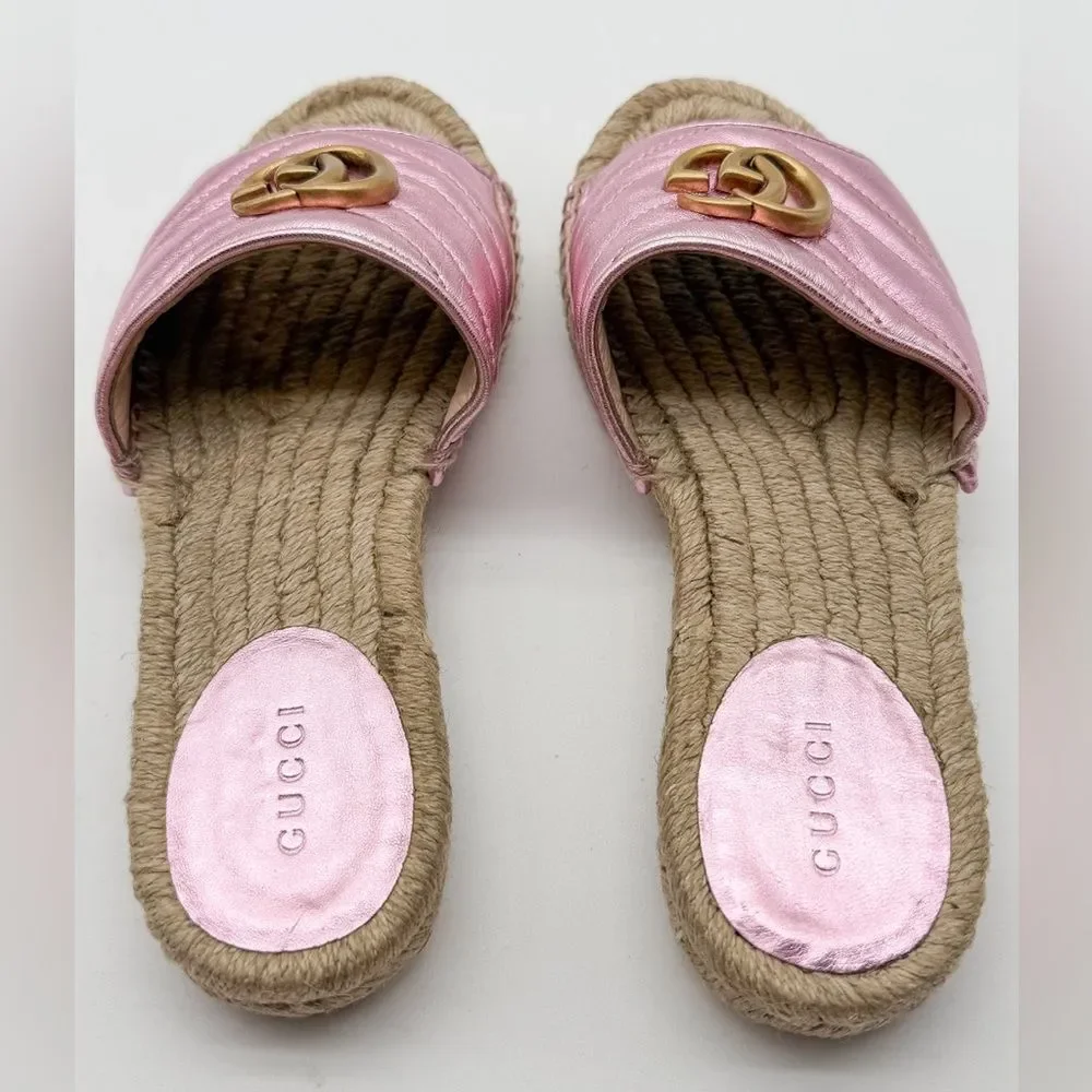 Gucci Pilar GG Marmont Metallic Rosa Leather Espadrille Slide Sandals EU 37 US 7